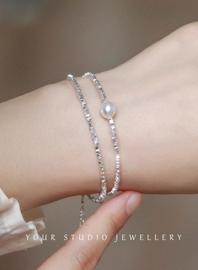 足银正品强光天然淡水珍珠极细1-2mm碎银手链可调节可水洗不过敏