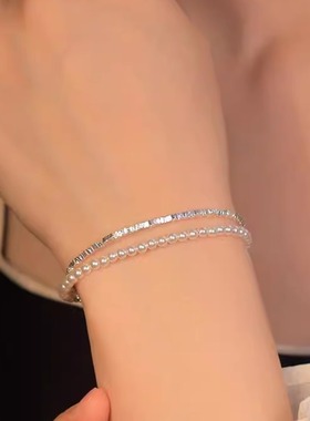 正品超亮施家珍珠S925极细碎银子手链双层叠戴秀气日系小清新女