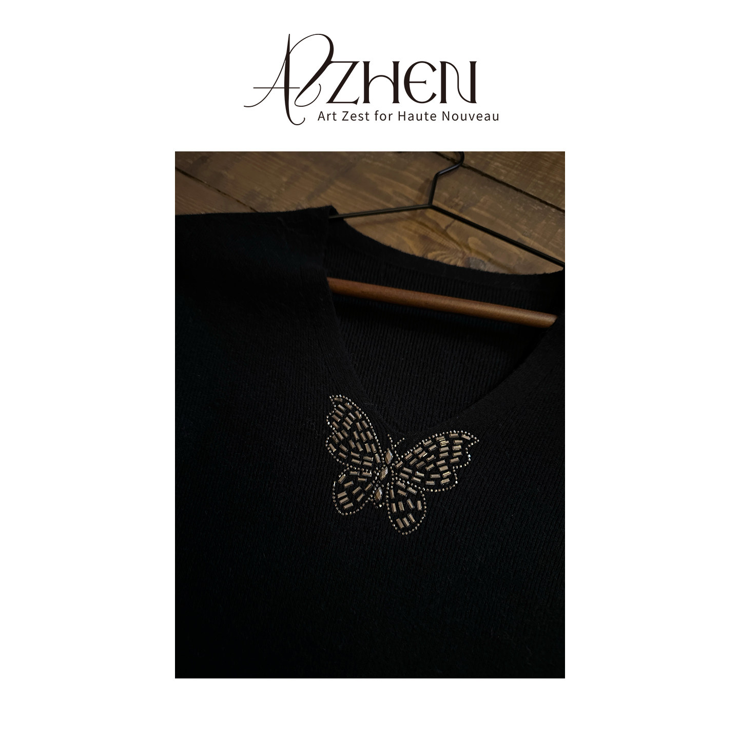 AZZHEN【月光蝶语】百搭黑色羊毛V领领口袖口重工烫钻针织打底,淘宝优惠券,粉丝福利购,淘宝优惠卷