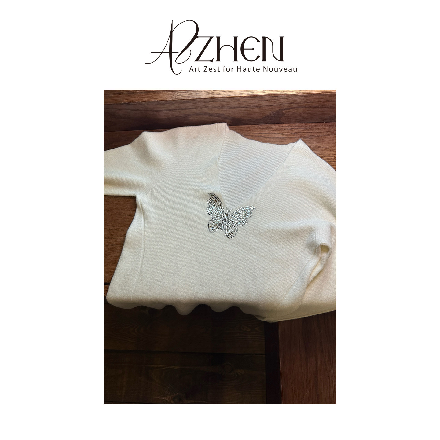 AZZHEN【月光蝶语】百搭黑色羊毛V领领口袖口重工烫钻针织打底,淘宝优惠券,粉丝福利购,淘宝优惠卷