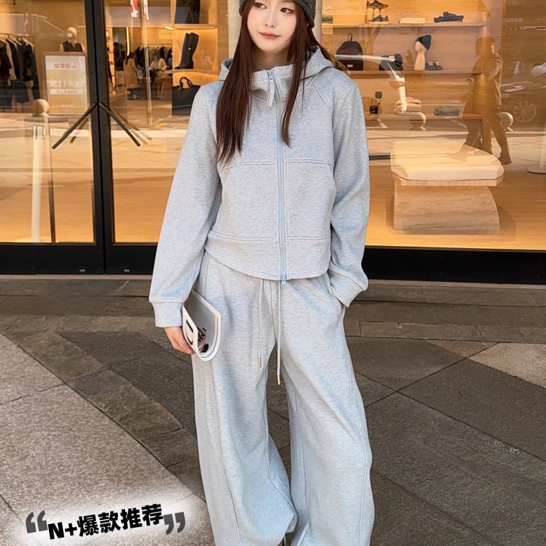 N＋正版2025秋冬新款休闲加绒加厚连帽外套高腰直筒裤两件套装女,淘宝优惠券,粉丝福利购,淘宝优惠卷