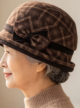 中老年女秋冬格纹毛呢保暖渔夫帽