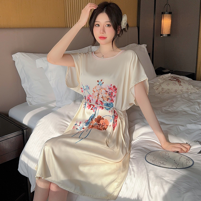 新中式睡裙女夏季冰丝宽松薄款系带中长款睡衣丝绸夏天短袖家居服 - 图0
