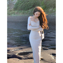 AHI grand also pool white imitation cashmere square collar hanging neck linen dress woman to take up waist long dress temperament long dress