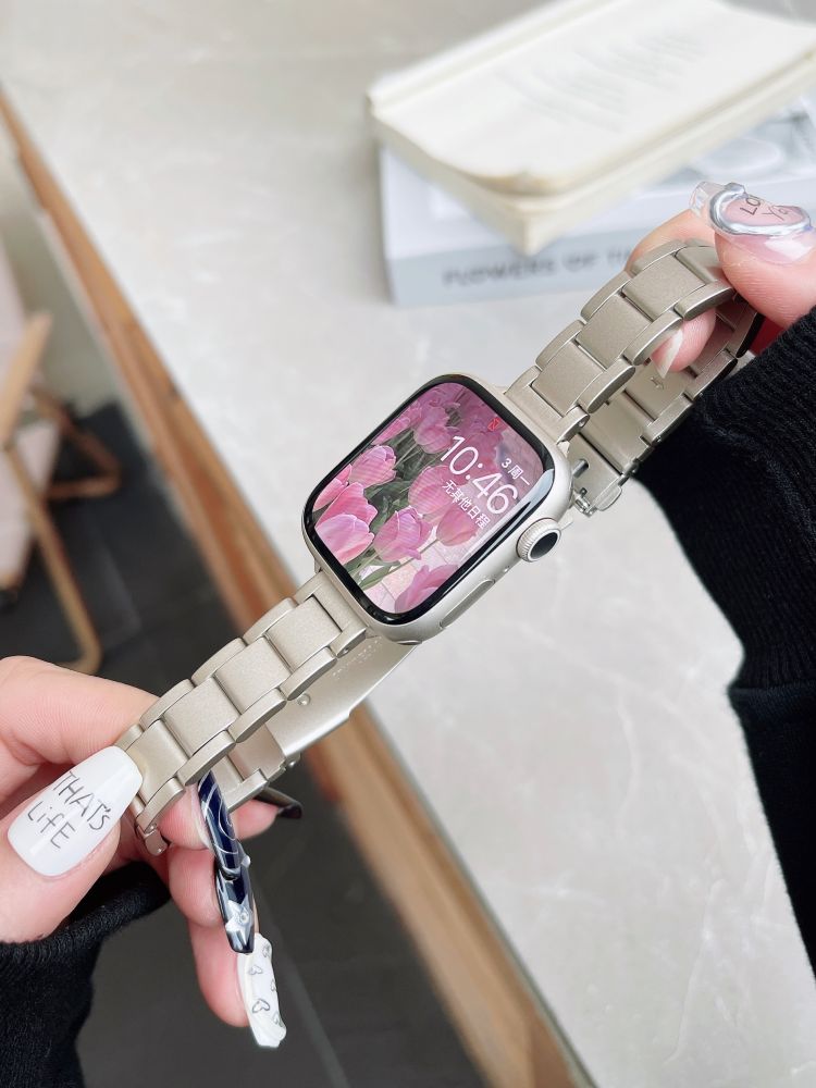 圣铂适用于iwatch9苹果手表表带新款applewatch7654代se手表带s8三株金属不锈钢高级感watchs7夏季女款s6透气-图0