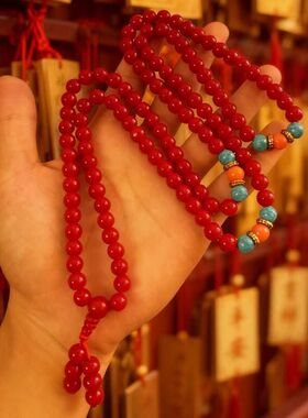 108颗仿红玛瑙朱砂串珠佛珠项链手串长款女民族风复古毛衣链配饰