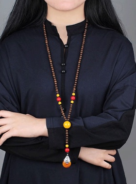 复古男女青年毛衣链玛瑙圆珠木质