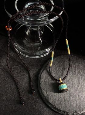 新中式绿松石黑檀木圆筒项链吊坠中长款棉麻绳子毛衣链男女配饰品