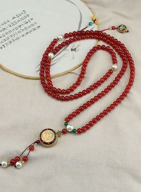 红色玻璃圆珠流苏斜挎项链藏式唐卡普贤鼓形吊坠新中式国风毛衣链