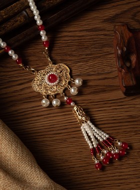 红色璎珞新中式背云长流苏如意平安锁珍珠项链结婚马面裙汉服配饰