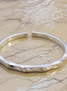 足银9999车花竹节开口手镯女年轻款磨砂纯银手饰镯子一物一证