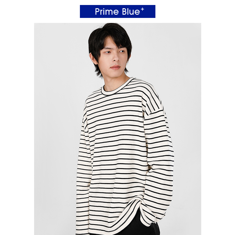 【Prime Blue设计师系列】宽松休闲条纹显瘦长袖T恤男落肩袖上衣 - 图0