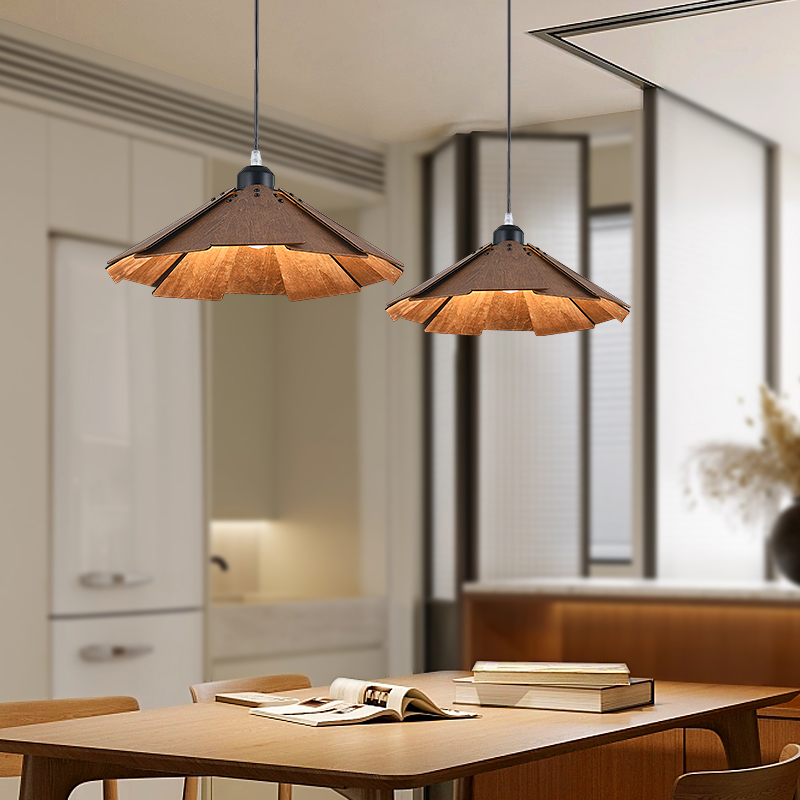 中古木艺餐厅吊灯侘寂风民宿卧室书房创意吧台茶室轨道胡桃木色灯 - 图1