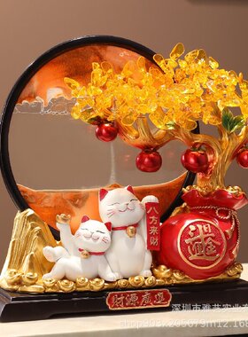 新中式招财猫发财树桌面摆件办公客厅前台收银装饰品乔迁开业送礼