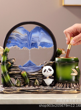 创意熊猫竹子笔筒流沙画摆件装饰客厅玄关书房书柜办公室毕业礼品
