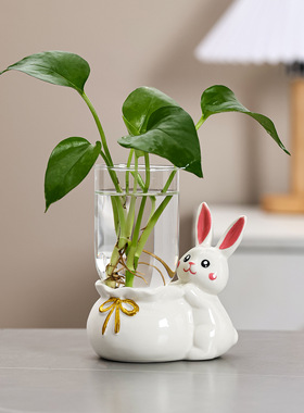 陶瓷萌兔水培花瓶办公室工位治愈系摆件创意透明花瓶插花器皿装饰