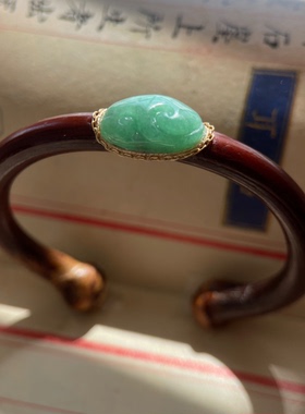 原创西藏高原深山老鸡血藤手镯镶嵌缅甸A货冰种果绿如意