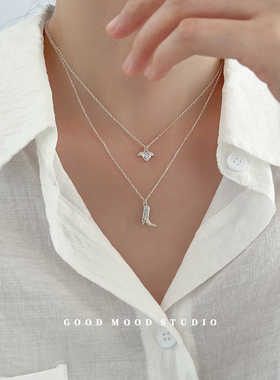 GMS爱神丘比特 轻奢小众爱心翅膀吊坠项链纯银镶嵌锆石锁骨链叠戴
