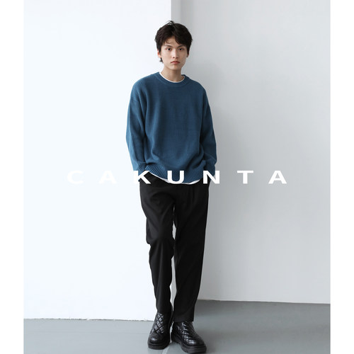 CAKUNTA 坑条纹理厚实有型，粗针纺织宽松毛衣 套头落肩袖针织衫 - 图3