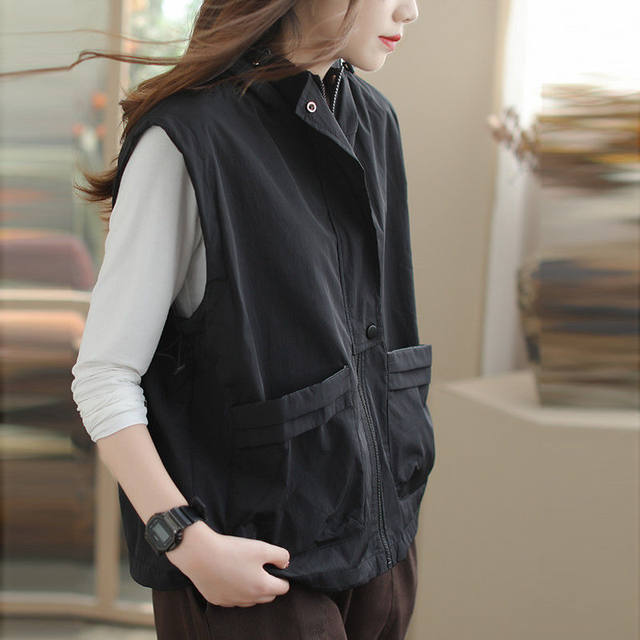 Hooded vest spring and autumn new double coat for women's work pocket loose retro vest versatile waistcoat