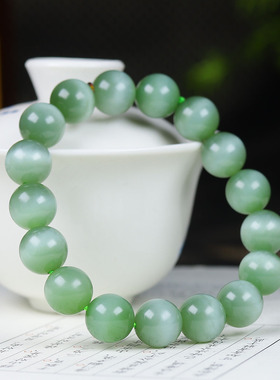 （古晨珠宝）俄罗斯和田玉粉青猫眼碧玉圆珠手串手链46g12mm