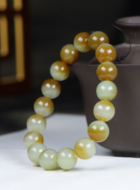（古晨珠宝）新疆和田玉且末糖玉圆珠手串手链诸事如意44g12mm