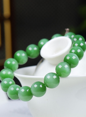 （古晨珠宝）俄罗斯和田玉粉绿猫眼碧玉圆珠手串手链44g11+mm