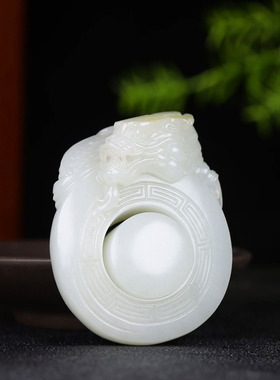 （古晨珠宝）新疆和田玉白玉籽料生肖龙玉琮扳指把件手玩78g22mm