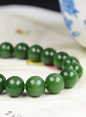 (古晨珠宝)俄罗斯和田玉菠菜绿碧玉猫眼手串手链珠连富贵31g10mm
