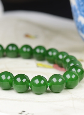 （古晨珠宝）俄罗斯和田玉阳绿碧玉圆珠手串手链诸事如意25g9mm