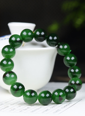 (古晨珠宝)俄罗斯和田玉菠菜绿碧玉圆珠手串手链诸事如意55g13mm