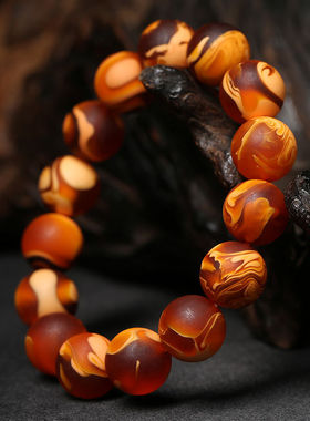 天然妖花原矿收藏级虎皮纹手串男女款老蜡琥珀花蜡圆珠单圈手链