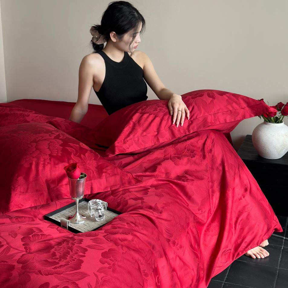 高级感100支长绒棉全棉婚庆四件套纯棉红色被套床单结婚床上用品,淘宝优惠券,粉丝福利购,淘宝优惠卷
