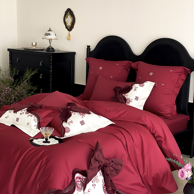 浪漫婚礼100S长绒棉全棉婚庆四件套红色蝴蝶结婚刺绣纯棉被套床品,淘宝优惠券,粉丝福利购,淘宝优惠卷