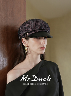 mrduck英国LINTON拼接羊皮报童帽