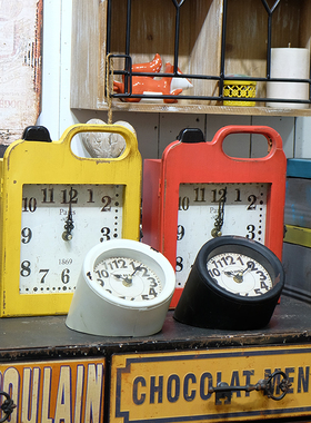 美式复古铁艺椭圆形座钟 木质收纳盒挂钟 复古墙面家居装饰摆件