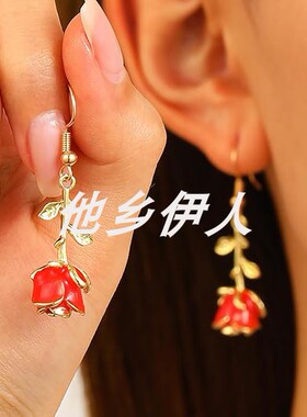 美国代购复古玫瑰花朵吊坠耳环女
