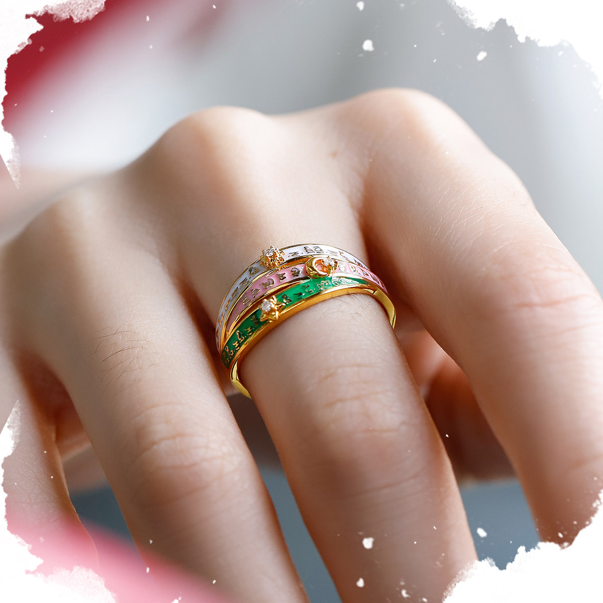 Tara Ring | 18K Gold Diamond Ring Six-Word Mantra White and Green Tara Mantra Triple Protection Original