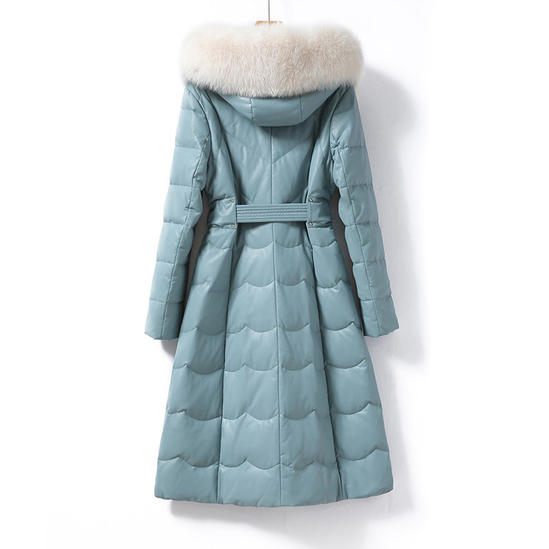 皮衣女外套中长款连帽狐狸毛领系带绵羊皮白鸭绒海宁新款真皮羽绒,淘宝优惠券,粉丝福利购,淘宝优惠卷