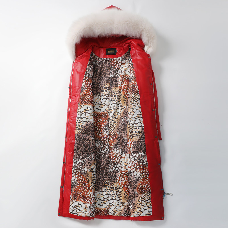真皮衣女中长款大红气质连帽狐狸毛领新款绵羊皮外套皮羽绒服,淘宝优惠券,粉丝福利购,淘宝优惠卷