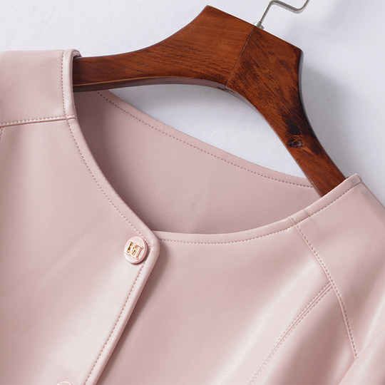 海宁皮夹克女真皮外套短款圆领粉色减龄绵羊皮秋冬新款皮衣小个子