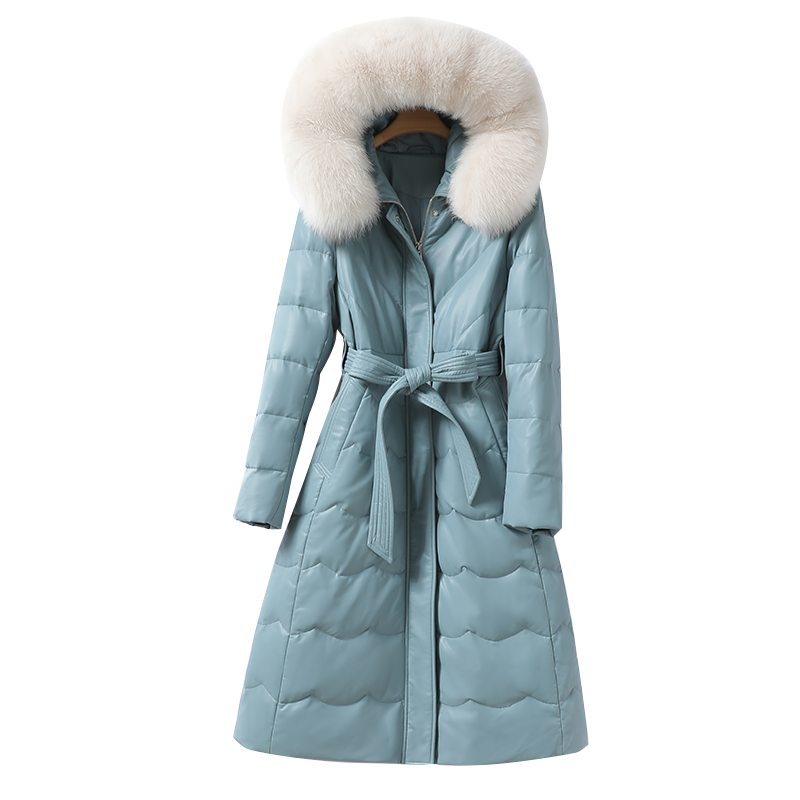 皮衣女外套中长款连帽狐狸毛领系带绵羊皮白鸭绒海宁新款真皮羽绒,淘宝优惠券,粉丝福利购,淘宝优惠卷