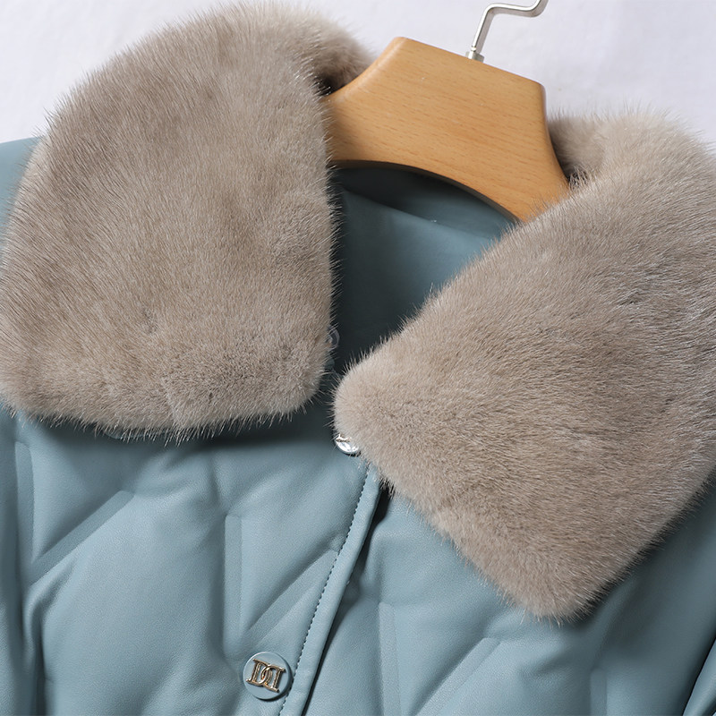 皮衣女真皮外套中长款系带收腰水貂毛领气质羽绒新款白鸭绒绵羊皮,淘宝优惠券,粉丝福利购,淘宝优惠卷
