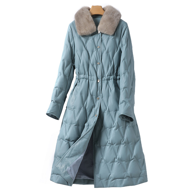 皮衣女真皮外套中长款系带收腰水貂毛领气质羽绒新款白鸭绒绵羊皮,淘宝优惠券,粉丝福利购,淘宝优惠卷