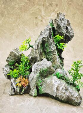 新中式假山石装饰 桌面地面摆景树脂假山石 水族鱼缸流水盆景摆件
