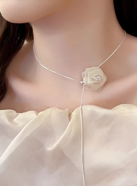 法式网纱玫瑰吊坠可调锁骨链