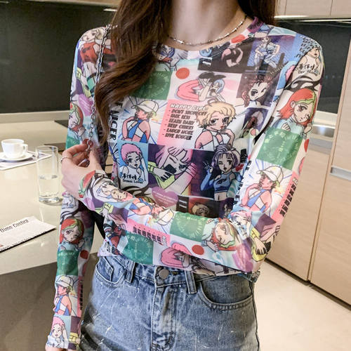 漫画防晒打底衫女夏季薄款冰丝长袖罩衫洋气卡通印花网纱T恤上衣 - 图2