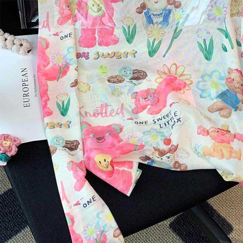 欧洲站2025新款时尚小熊卡通印花长袖T恤女夏季防晒休闲网纱上衣,淘宝优惠券,粉丝福利购,淘宝优惠卷