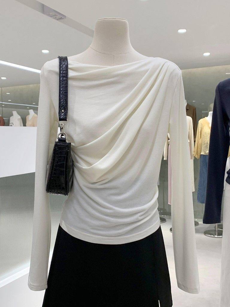 法意小调 私服款!高级感气质一字领褶皱设计长袖t恤女秋修身显瘦,淘宝优惠券,粉丝福利购,淘宝优惠卷