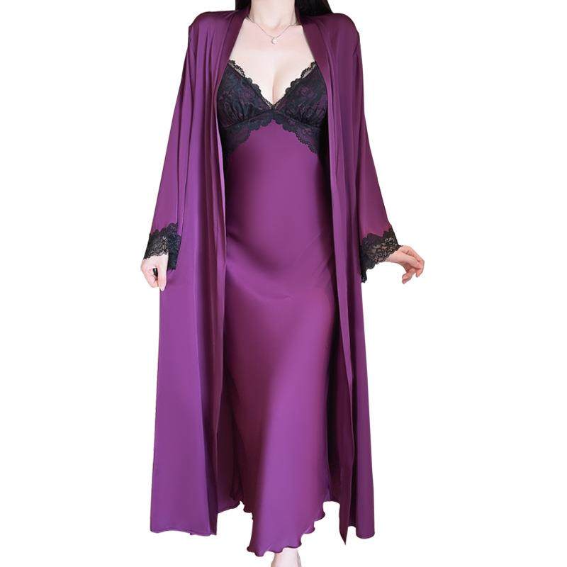 甜美丝滑缎面内衣深V加胸垫纯欲蕾丝长款睡裙外袍女套装5620,淘宝优惠券,粉丝福利购,淘宝优惠卷